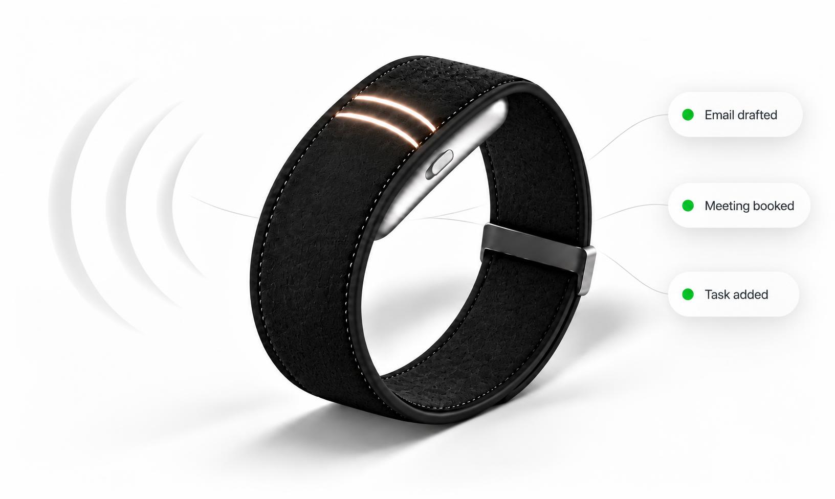 The Moonband loop with two glowing lines, sound waves flowing in from the left and three prepared tasks floating on the right