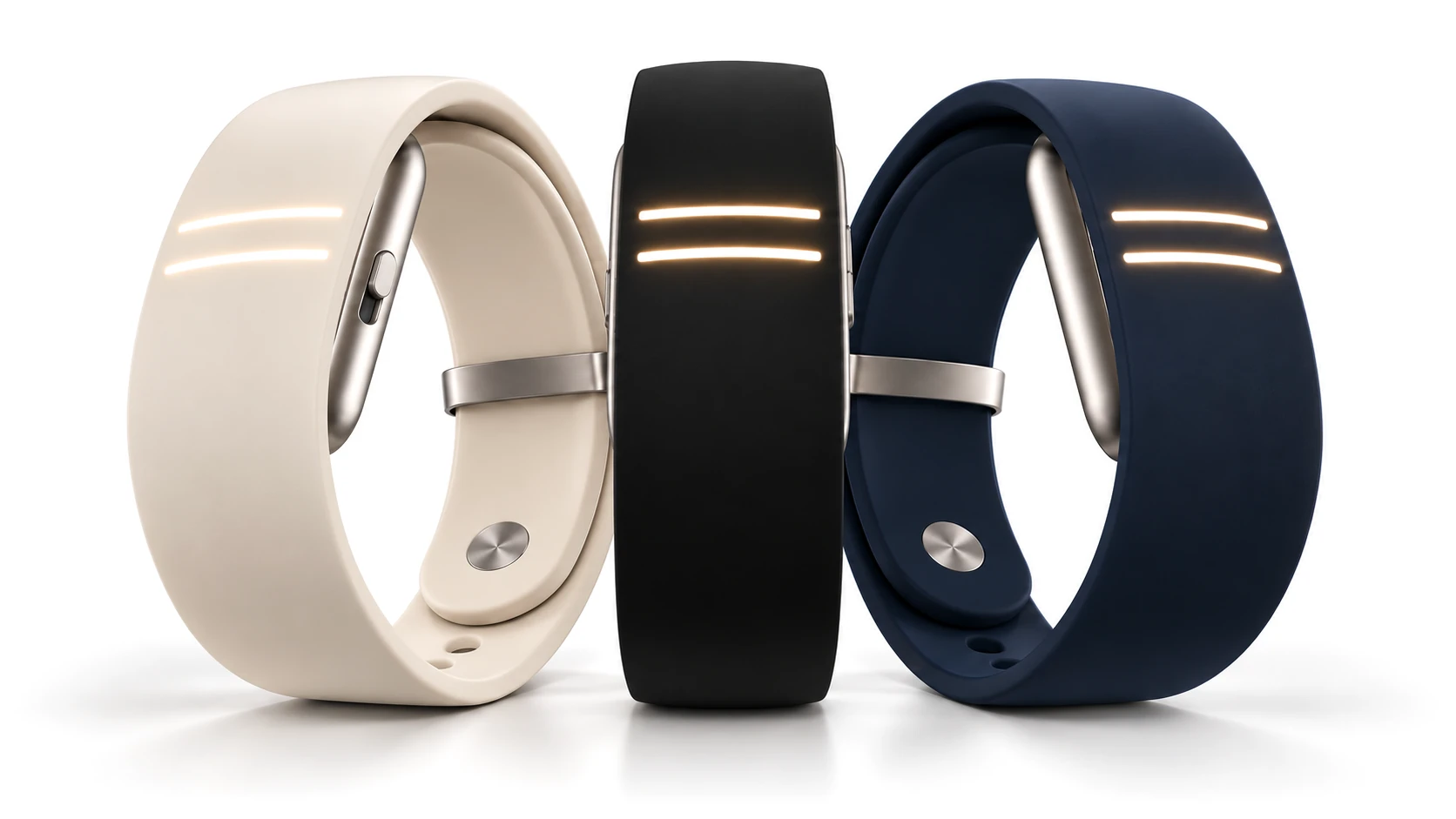 Three Moonbands standing side by side in cream, black and navy, each with two glowing lines of light